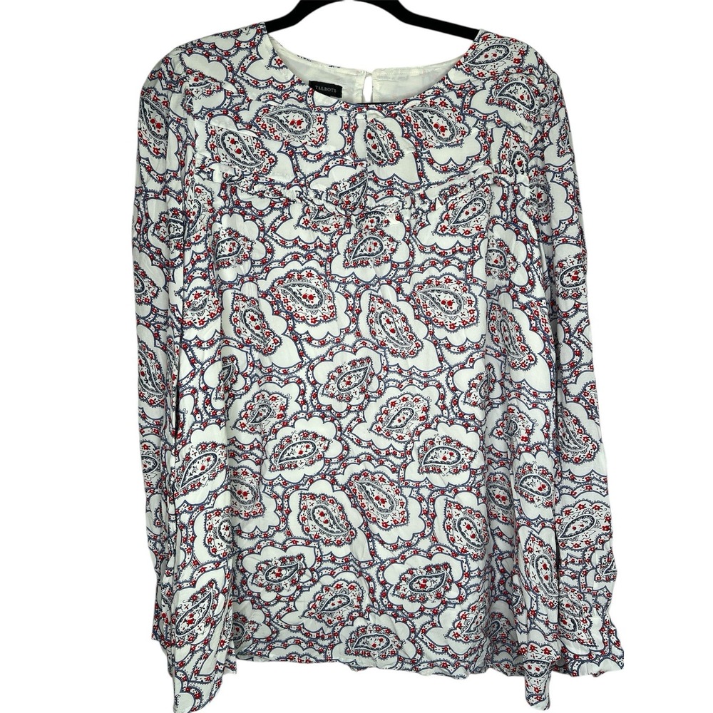 Talbots Womens XL Blouse Red Navy Blue Paisley Print Long Sleeve Keyhole Back